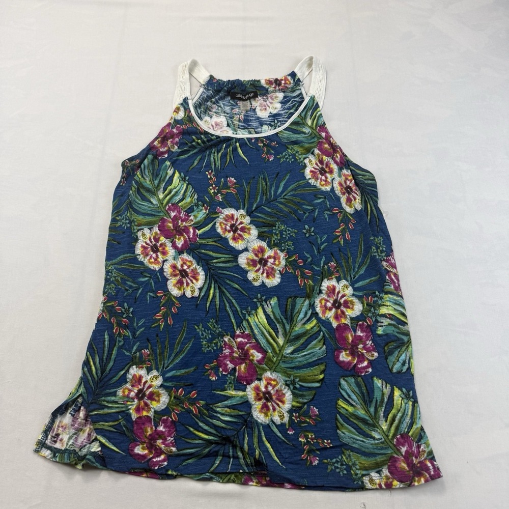 Cable & Gauge Women's M Blue Tropical Floral Print Cold Shoulder Sleeveless Top